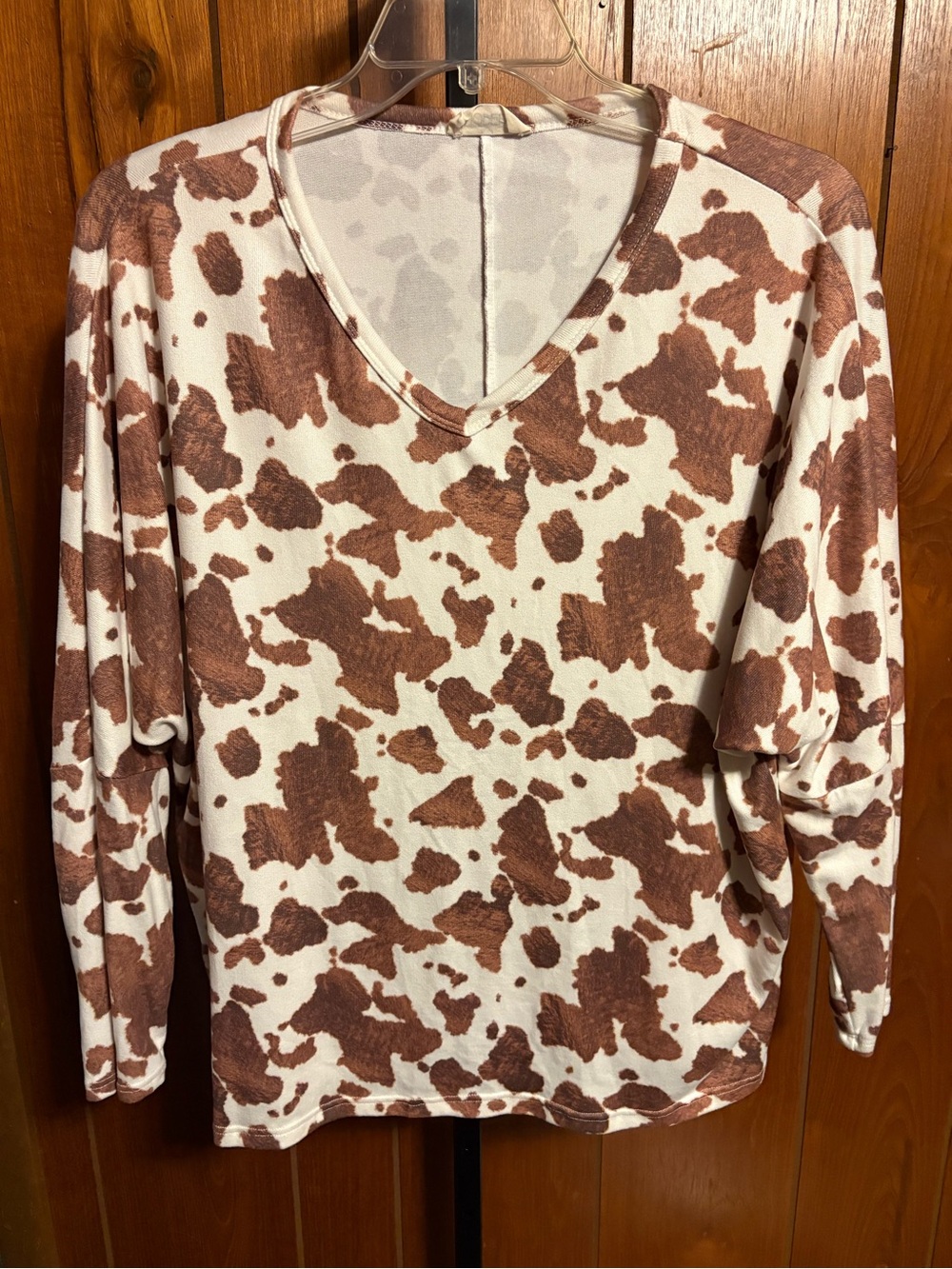 V-Neck Long Sleeve Top in Brown Cowprint